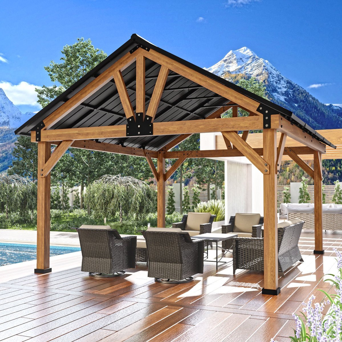 JOYSIDE 15 ft. x 13 ft. Solid Cedar Wood Outdoor Patio Hardtop Gazebo-54427