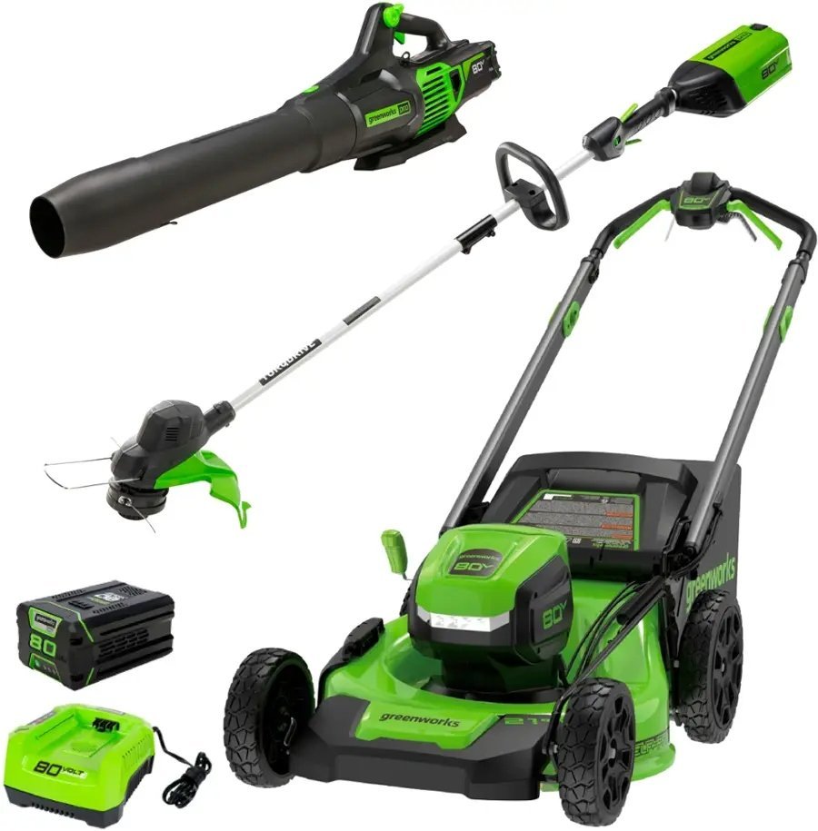 Greenworks 80V 21” Lawn Mower, 13” String Trimmer, and 730 Leaf Blower-84876