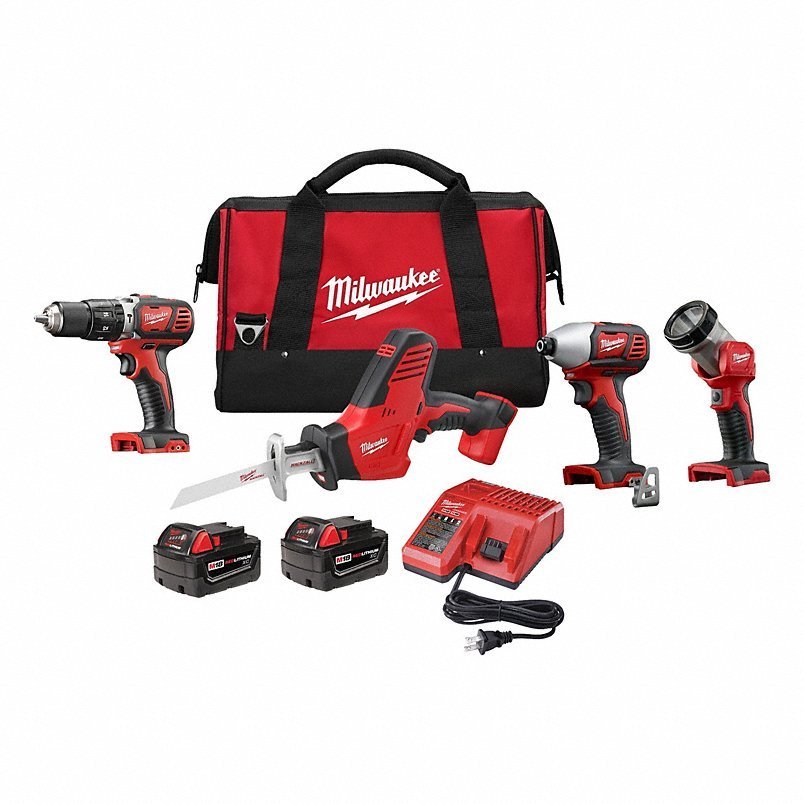 MILWAUKEE Cordless Tool Combination Kit: 4 Tools, 18 V DC Volt, Battery Included, M18™, M18™, 2PYZ8-53618