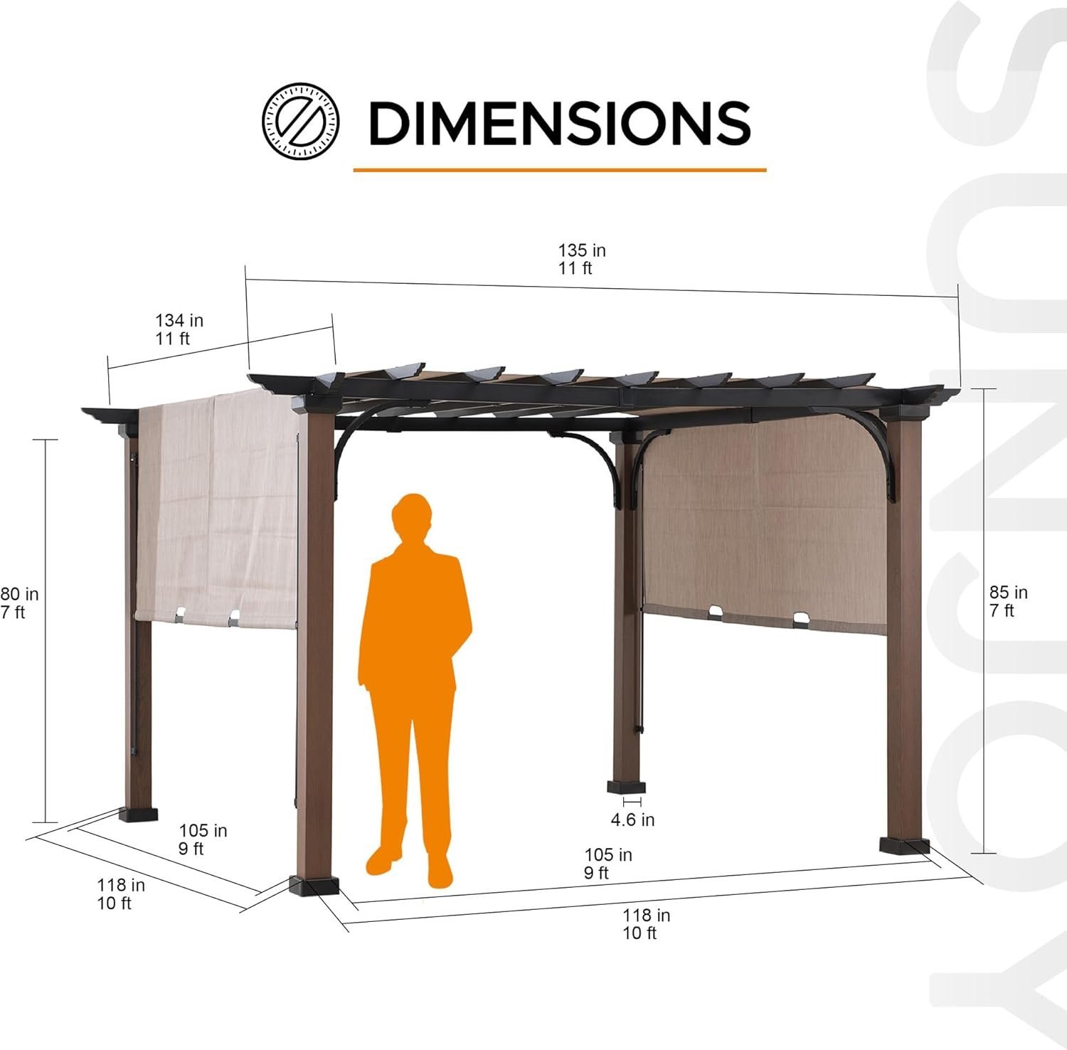 Sunjoy 11 x 11 ft Metal Pergola with Adjustable Tan Garden Shade-92164 - Image 3