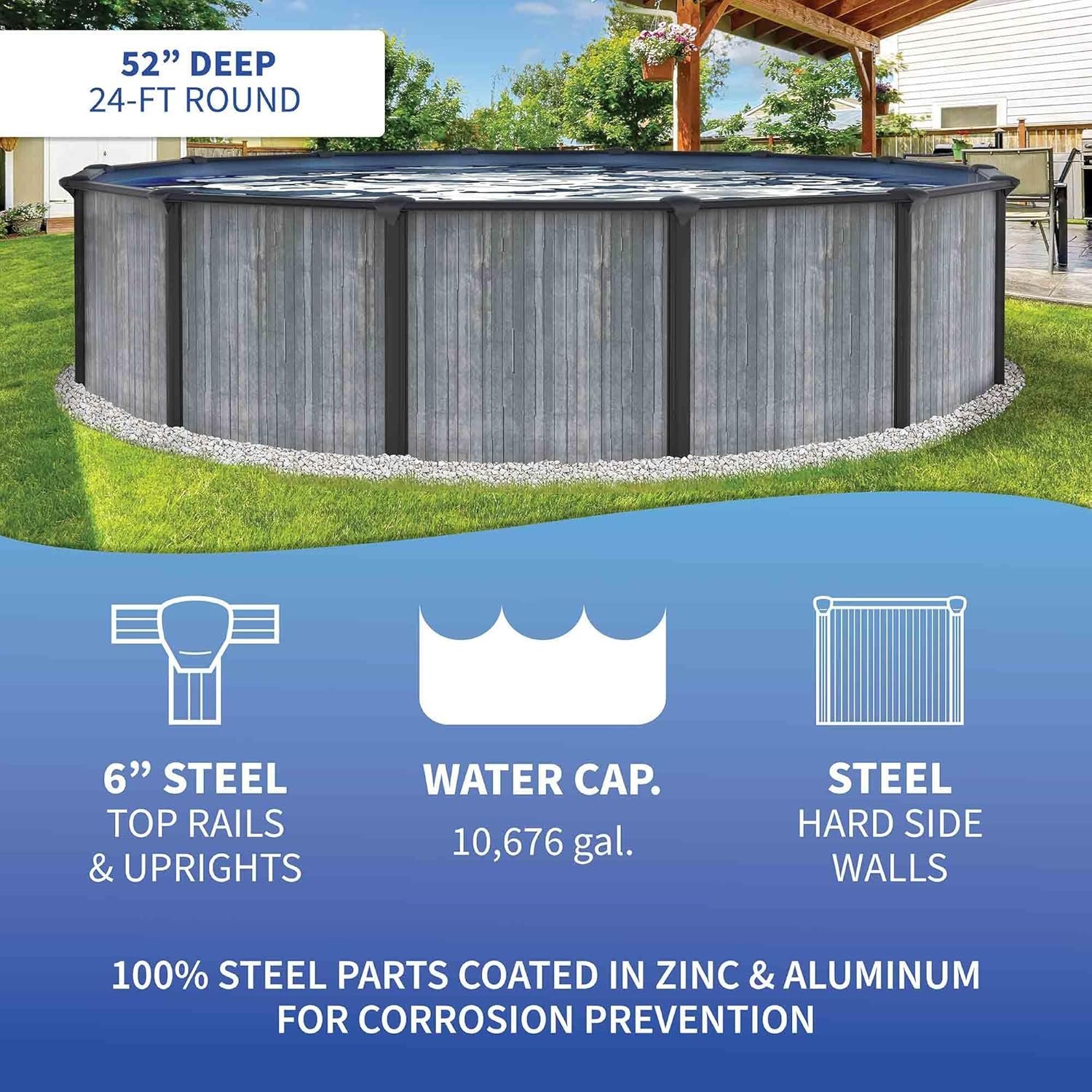 Blue Wave San Pedro 24-ft Round 52-in Deep 6-in Top Rail Above Ground Steel Wall Swimming Pool-96743 - Image 6