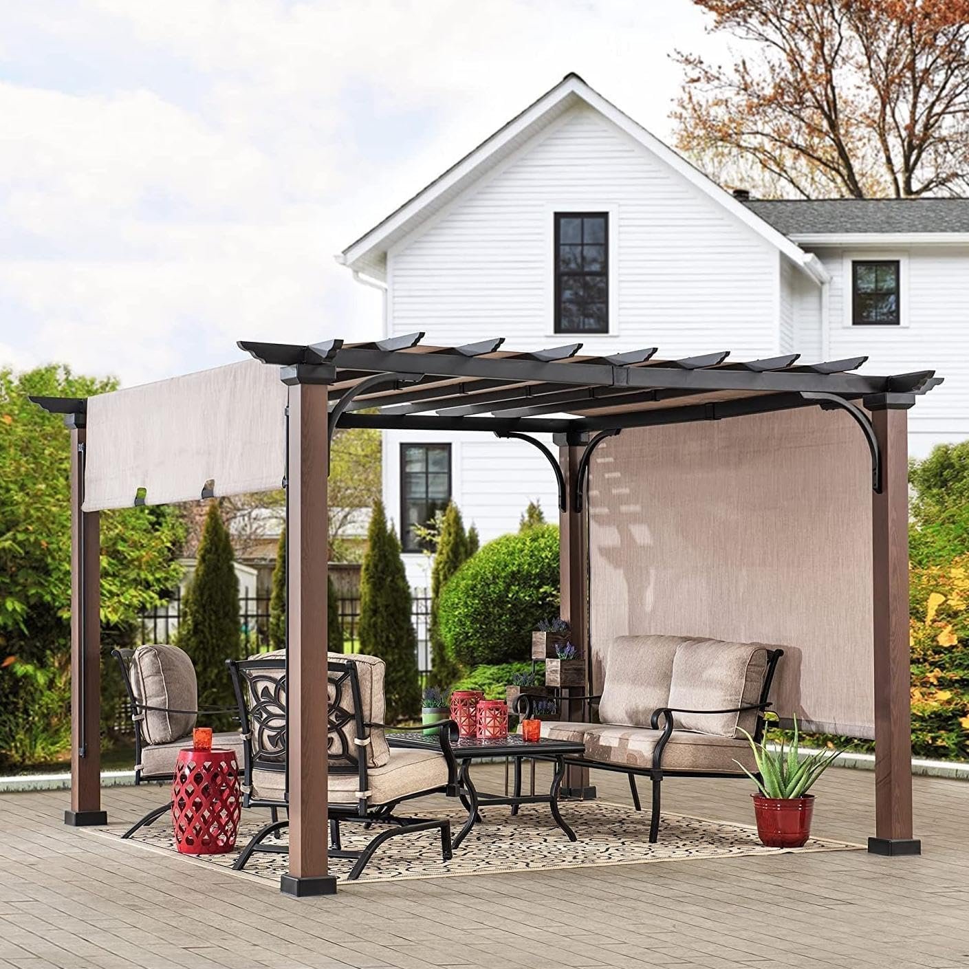 Sunjoy 11 x 11 ft Metal Pergola with Adjustable Tan Garden Shade-92164