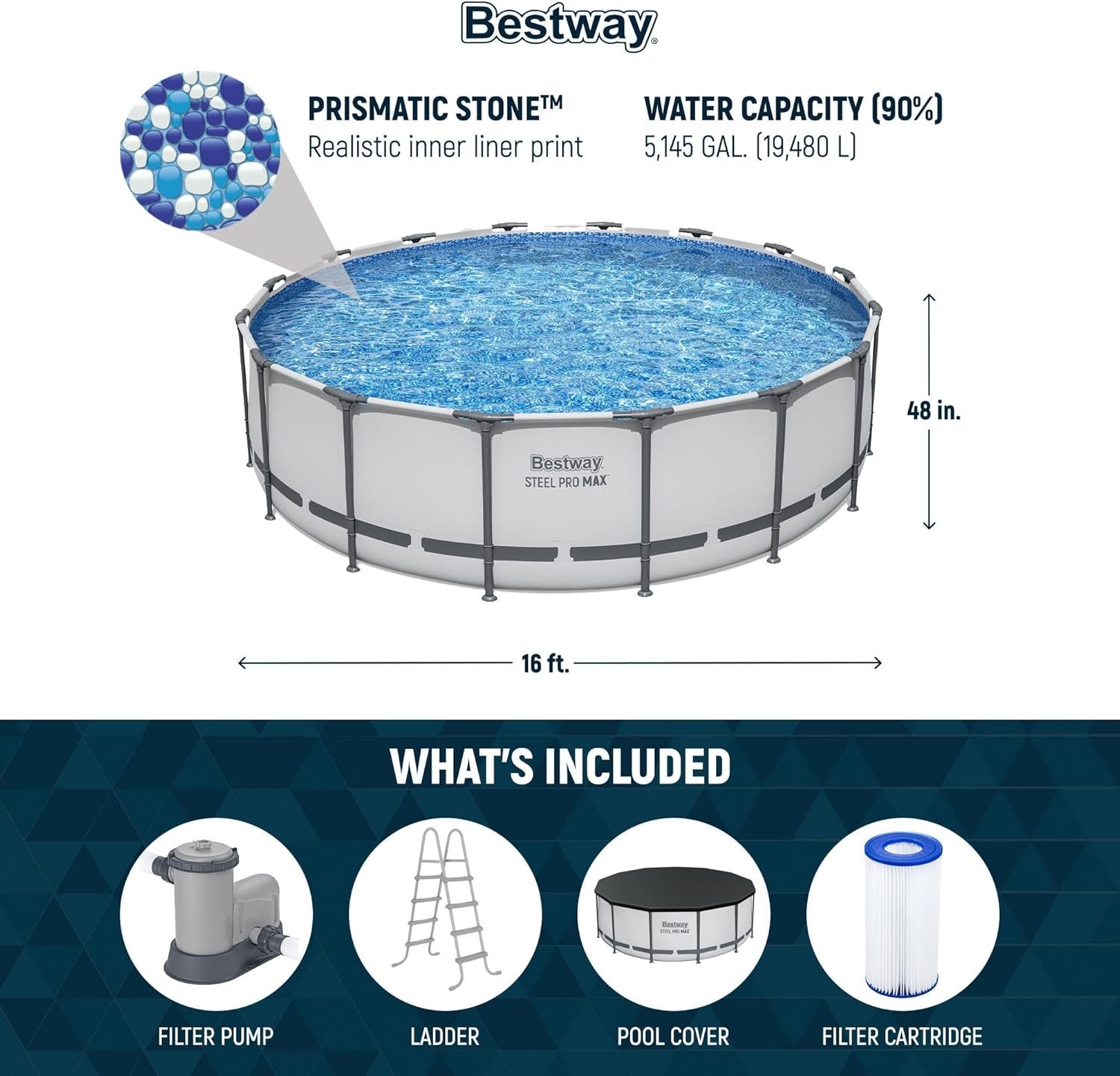 Bestway Steel Pro MAX 16 Foot x 48 Inch Round Metal Frame Above Ground Outdoor Swimming Pool Set-33614 - Image 4