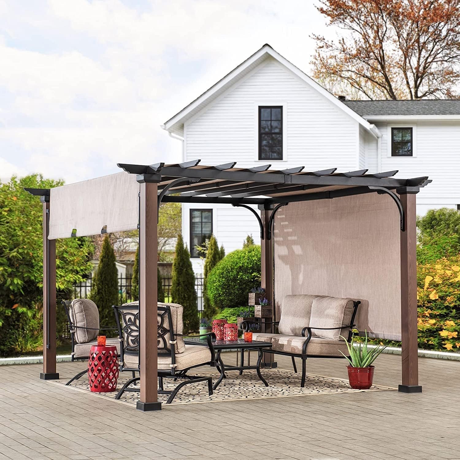 Sunjoy 11 x 11 ft Metal Pergola with Adjustable Tan Garden Shade-92164 - Image 2
