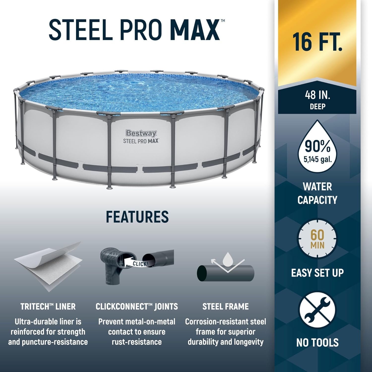 Bestway Steel Pro MAX 16 Foot x 48 Inch Round Metal Frame Above Ground Outdoor Swimming Pool Set-33614 - Image 5
