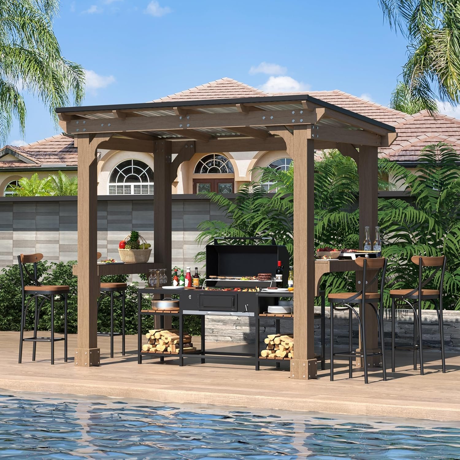 Veikous D Wooden Grill Gazebo Outdoor with Steel Roof-68599