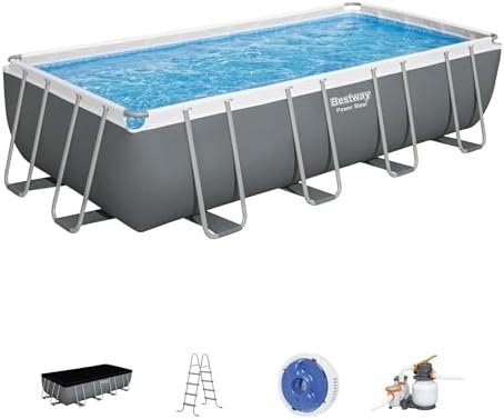 Bestway Power Steel 18 x 9 x 48″ Rectangular Metal Frame Above Ground Outdoor Swimming Pool Set with 1,500 GPH Filter Pump, Ladder, and Pool Cover-94587