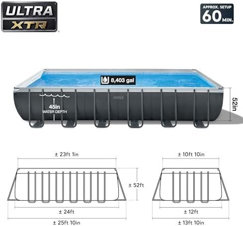 INTEX 26363EH Ultra XTR Deluxe Rectangular Above Ground Swimming Pool Set: 24ft x 12ft x 52in – Includes 2100 GPH Sand Filter Pump – Easy Assembly-51223
