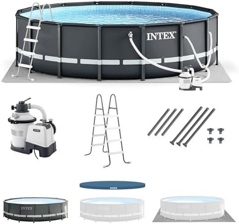 Intex Ultra XTR Frame 14 x 42″ Round Above Ground Outdoor Swimming Pool Set with Sand Filter Pump, Ladder, Ground Cloth, and Pool Cover-71891