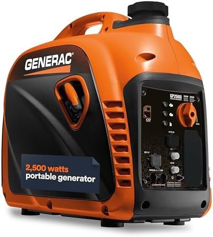 Generac 8251 GP2500i 2,500-Watt Gas Powered Portable Inverter Generator  Compact and Lightweight Design  Produces Clean, Stable Power  COsense Technology  CARB Compliant  Orange/Black-97151