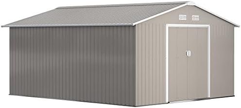 Outsunny 11 x 13 Outdoor Storage Shed, Garden Tool Metal Shed with Foundation Kit, Double Lockable Door, Air Vents and Sloping Roof, for Backyard, Patio, Lawn, Light Gray-61433