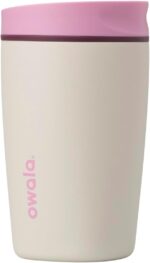 Owala SmoothSip Slider Insulated Stainless Steel Coffee Tumbler, Reusable Iced Coffee Cup, Hot Coffee Travel Mug, BPA Free 12 oz, Pink/Tan (Daybreak)