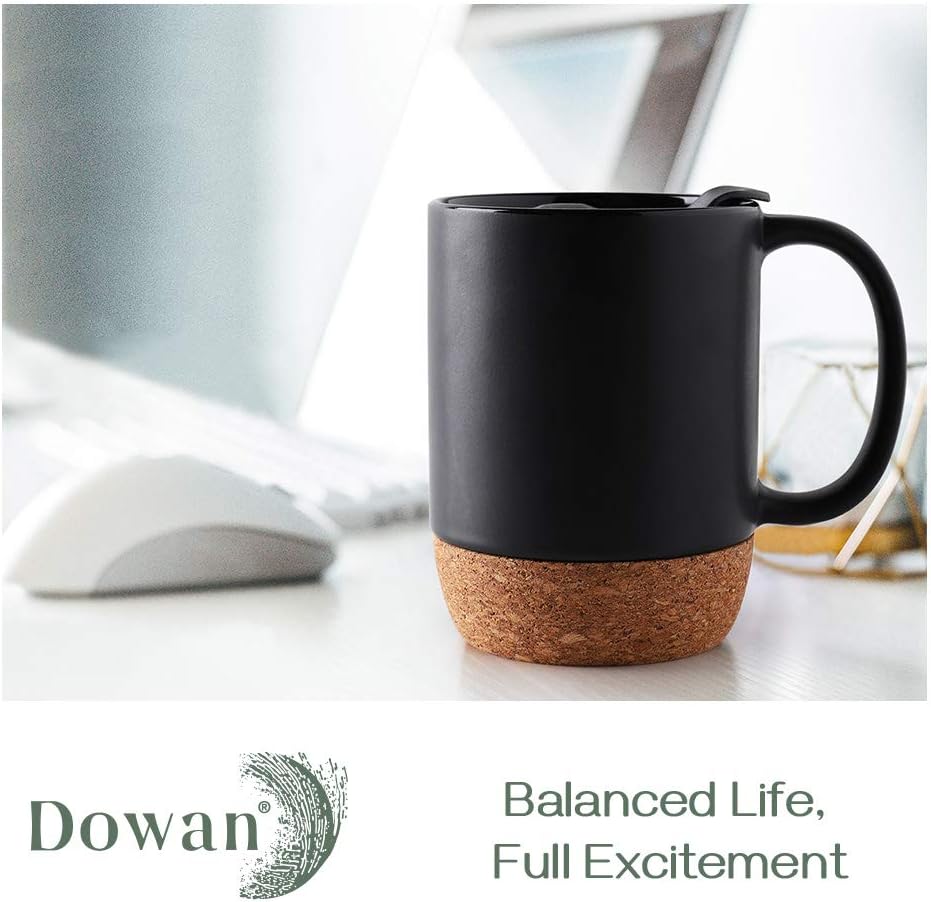 DOWAN Coffee Mugs, 15 oz Mug Set of 2, Large Ceramic Coffee Mug with Cork Bottom and Spill Proof Lid for Mom Dad, Big Mug for Latte Tea, Matte Grey - Image 2