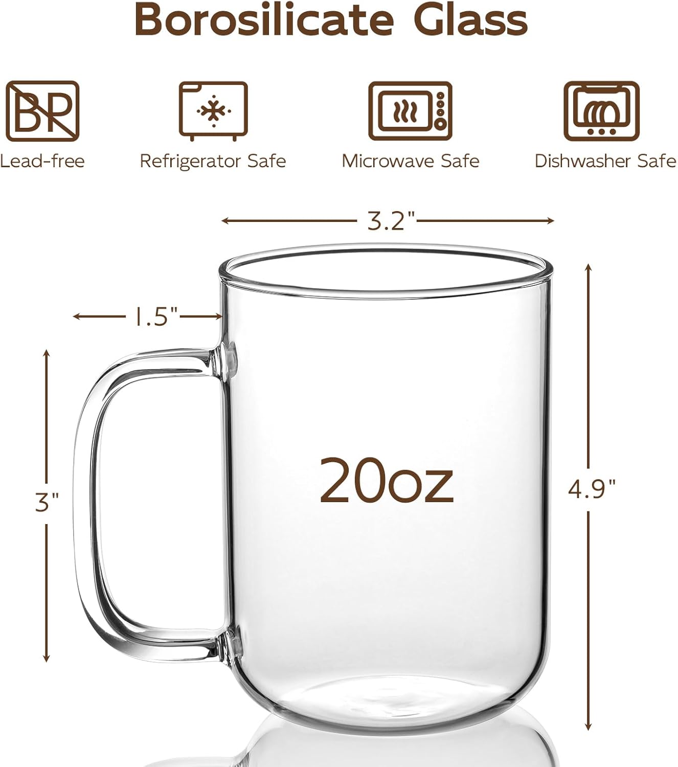 Glass Coffee Mugs, 20 oz Ice coffee cups, Large Clear Tea Cups Set of 2, Glass Mugs with Handles, Glass Cups for Latte, Cappuccino, and Tea - Image 3