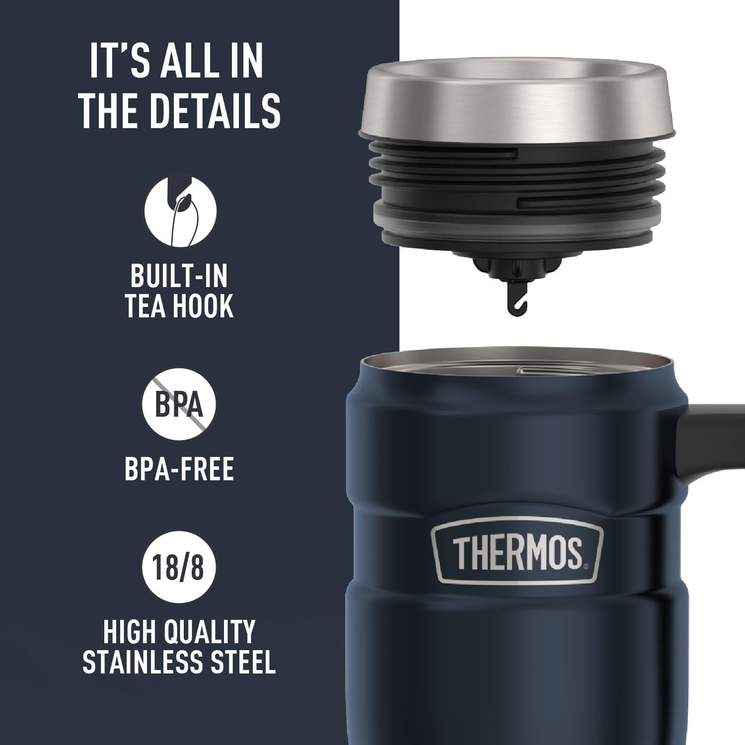 THERMOS Stainless King Vacuum-Insulated Travel Mug with Handle - 16oz, Midnight Blue - Thermos Tumbler for Hot & Cold Drinks - Leak & Sweat-Proof Stainless Steel Coffee Mug with Lid for Commuting - Image 4