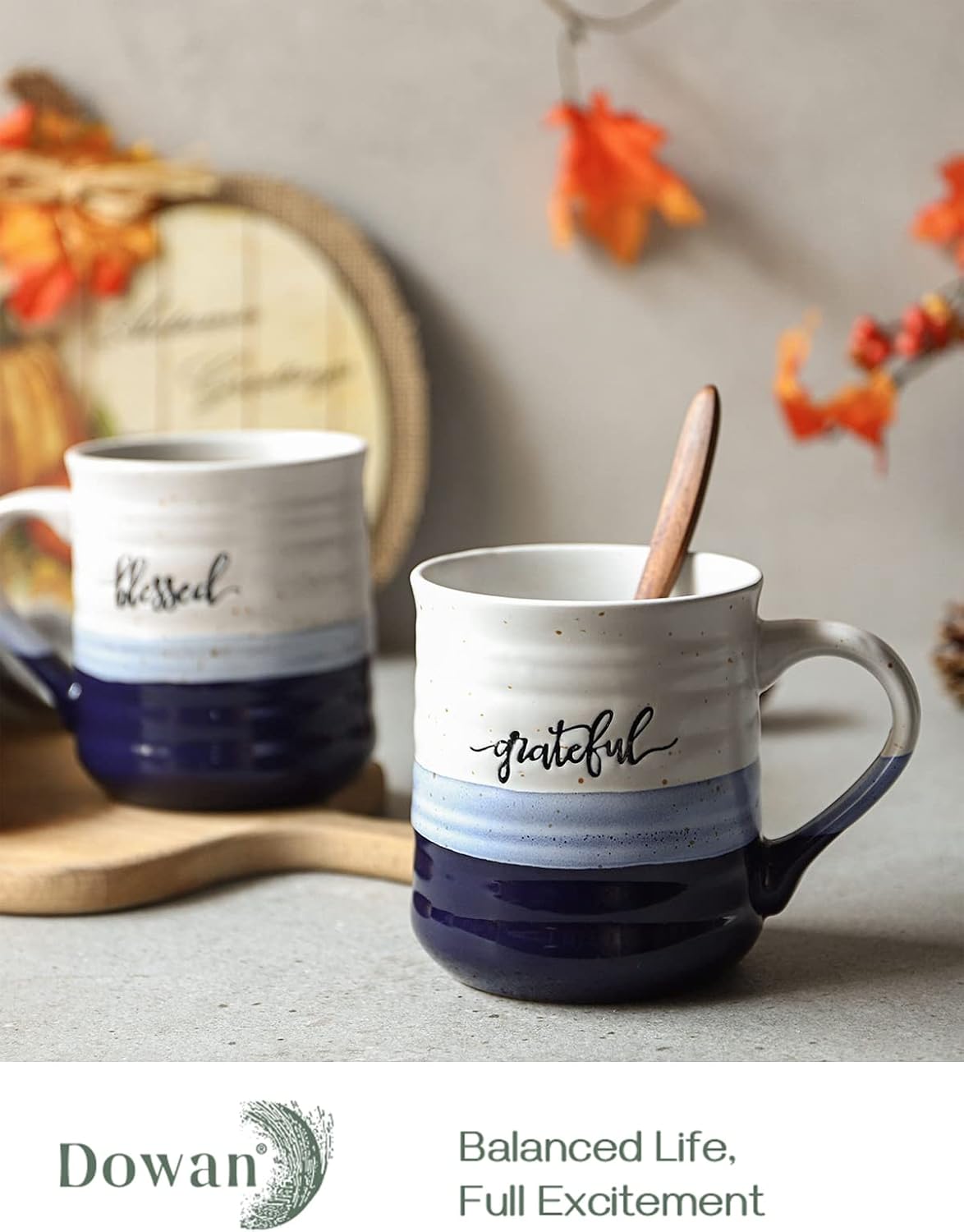 DOWAN 20 oz Coffee Mugs, Large Mugs with Word Blessed Grateful, Porcelain Coffee Cup, Thank You Gifts for Mom Dad, Set of 2 | Large Mugs, Coffee Cup - Image 2