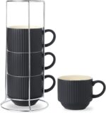 HASENSE Coffee Mug Ceramic Set of 4 with Stand - 15 oz Stackable Large Porcelain Ribbed Latte Cup Set for Cappuccino, Tea, Hot Cocoa, Drinks - Dishwasher & Microwave Safe, Black