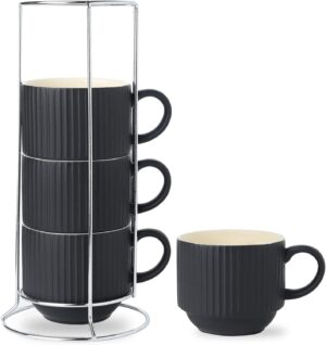 HASENSE Coffee Mug Ceramic Set of 4 with Stand - 15 oz Stackable Large Porcelain Ribbed Latte Cup Set for Cappuccino, Tea, Hot Cocoa, Drinks - Dishwasher & Microwave Safe, Black