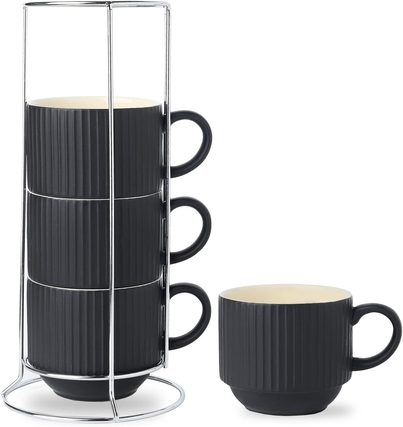 HASENSE Coffee Mug Ceramic Set of 4 with Stand - 15 oz Stackable Large Porcelain Ribbed Latte Cup Set for Cappuccino, Tea, Hot Cocoa, Drinks - Dishwasher & Microwave Safe, Black