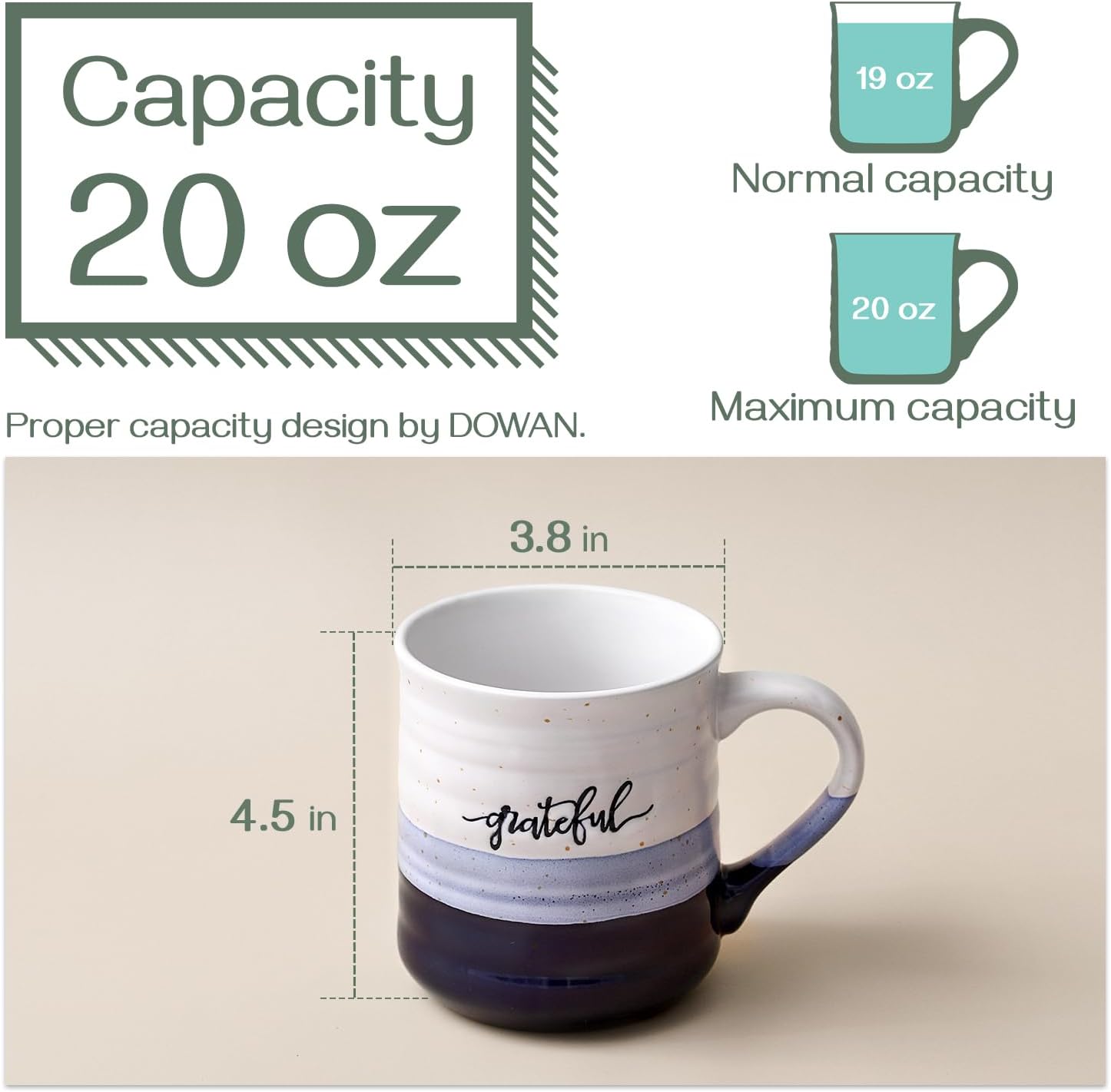 DOWAN 20 oz Coffee Mugs, Large Mugs with Word Blessed Grateful, Porcelain Coffee Cup, Thank You Gifts for Mom Dad, Set of 2 | Large Mugs, Coffee Cup - Image 3