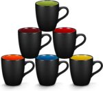 6 Pack Porcelain Coffee Mugs Set, 12 Ounces Ceramic Coffee Mugs, Matte Black Coffee Mug, Restaurant Cups for Coffee, Tea, Cappuccino, Cocoa, Cereal, Black outside and Colorful inside