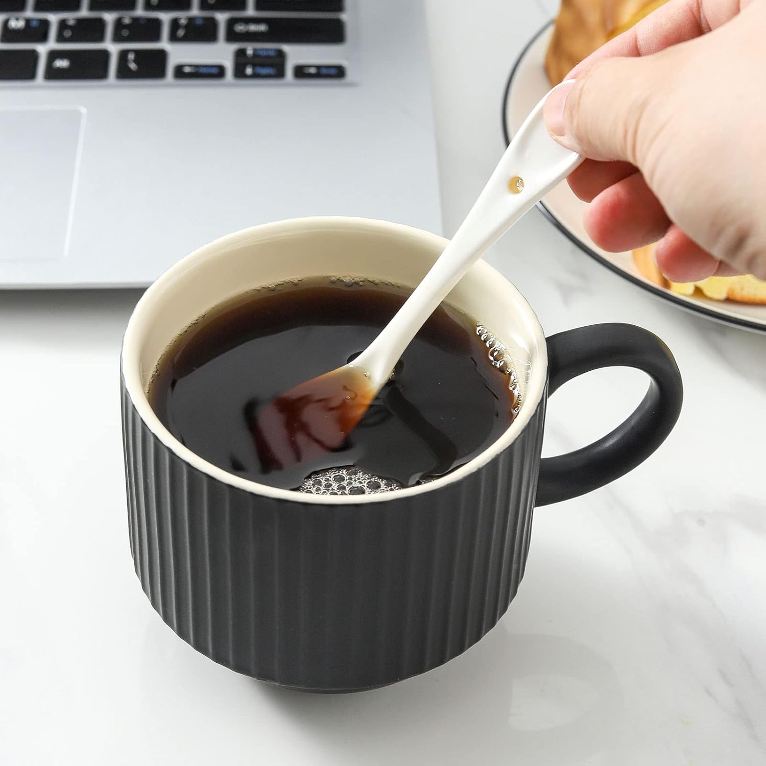 HASENSE Coffee Mug Ceramic Set of 4 with Stand - 15 oz Stackable Large Porcelain Ribbed Latte Cup Set for Cappuccino, Tea, Hot Cocoa, Drinks - Dishwasher & Microwave Safe, Black - Image 6