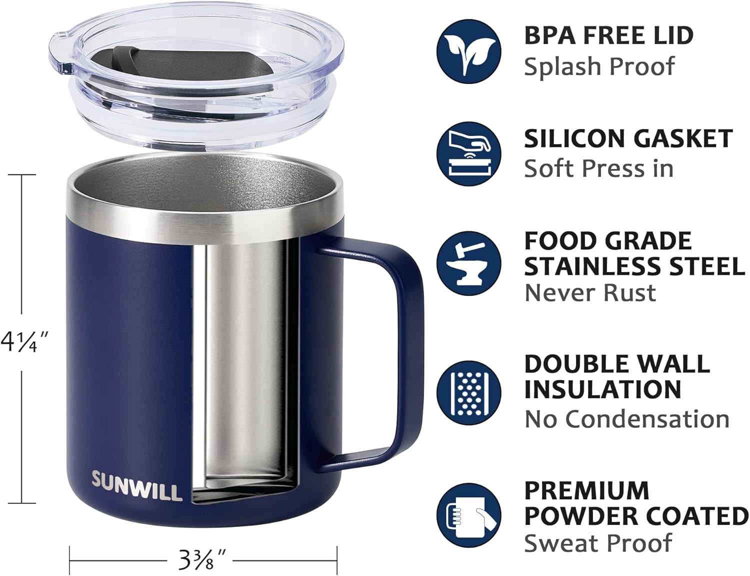 SUNWILL Insulated Coffee Mug with Lid, Travel Tumbler with Handle, 14oz Stainless Steel Cup for Camping, Office, Home, Powder Coated Navy Blue - Image 2