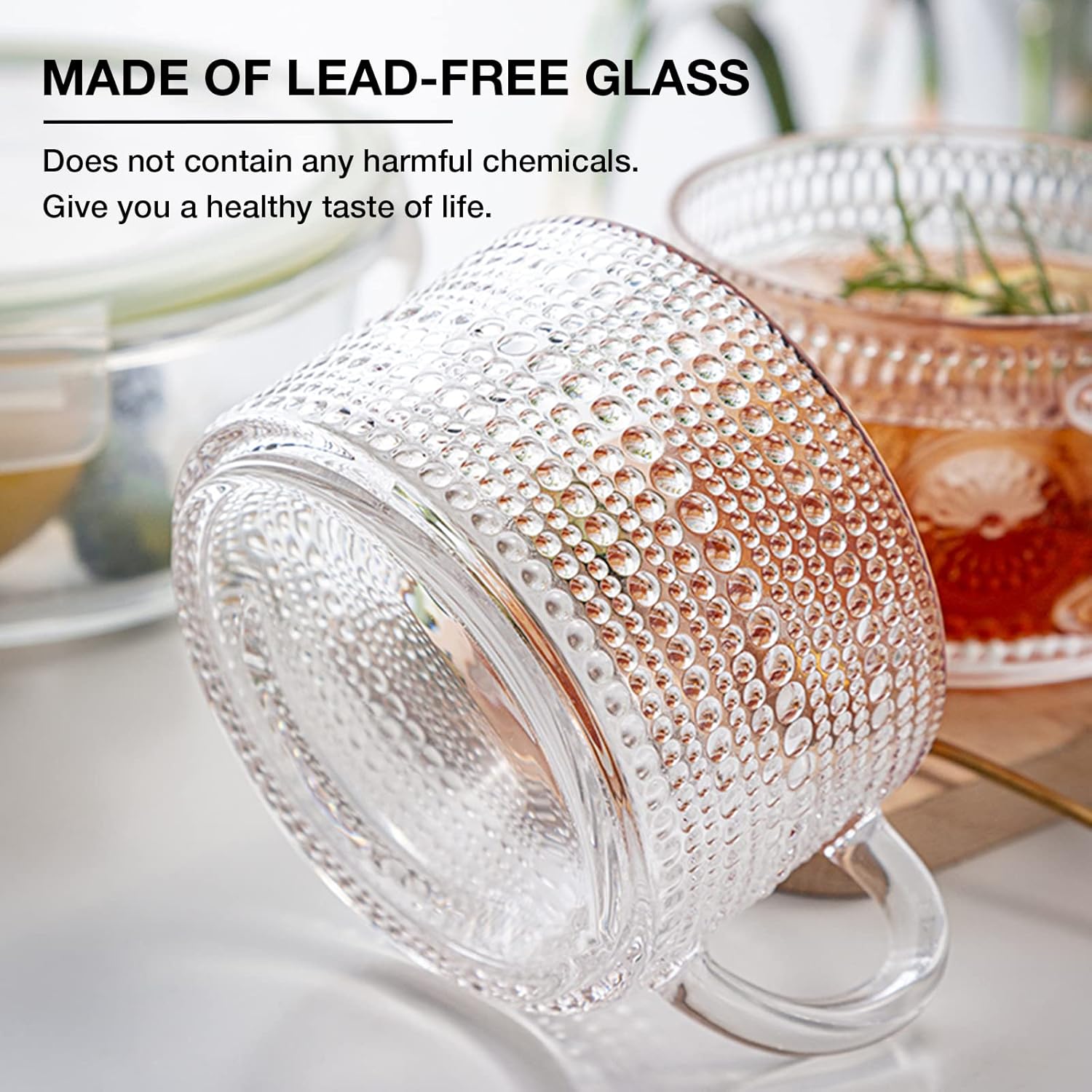 Mfacoy Vintage Coffee Mugs Set of 2, 14 oz Embossed Glass Cups with Handle, Clear Cups for Cappuccino, Latte, Cereal, Yogurt, Milk, Hot or Cold Beverages - Image 6