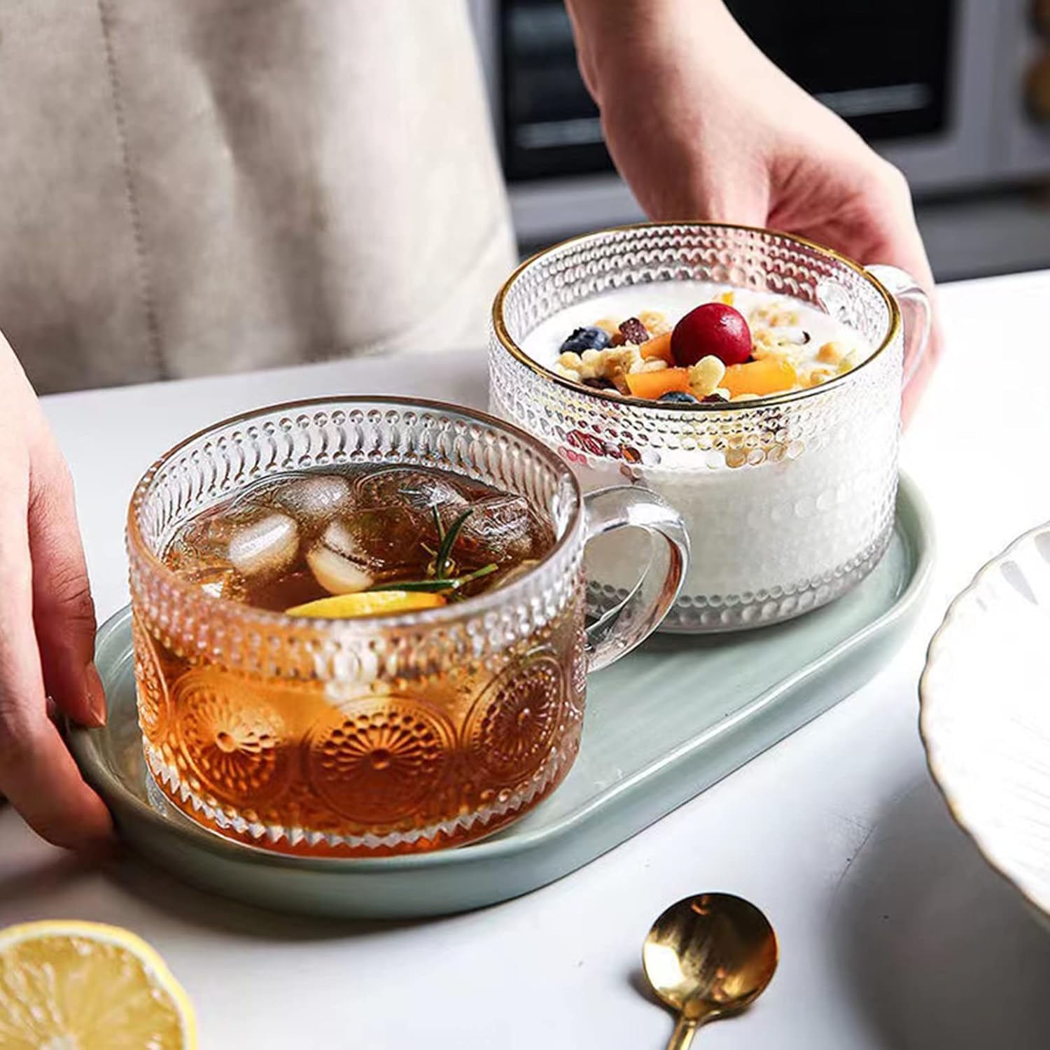 Mfacoy Vintage Coffee Mugs Set of 2, 14 oz Embossed Glass Cups with Handle, Clear Cups for Cappuccino, Latte, Cereal, Yogurt, Milk, Hot or Cold Beverages - Image 7