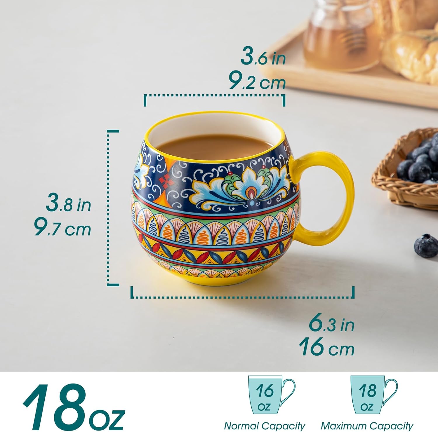 vancasso Coffee Mugs Set of 6, Coffee Cups Ceramic 16oz, Porcelain Coffee Mugs for Cappuccino, Latte, Espresso, Colorful Coffee Mugs with Handle, Rounded Boho Mugs, Microwave & Dishwasher Safe - Image 2