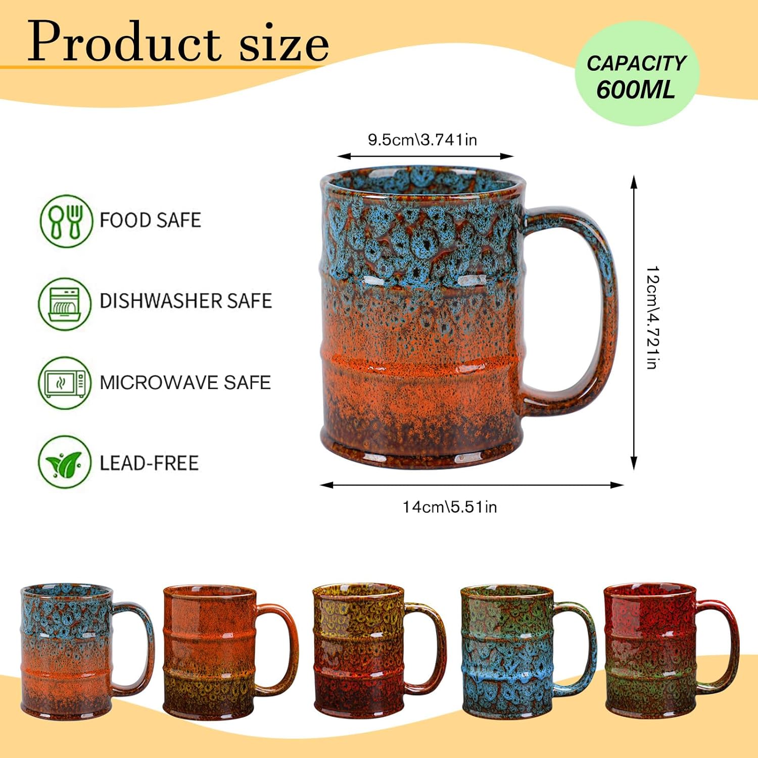 Ceramic 20 oz Coffee Mugs - Large Tea Cup for Office and Home - Dishwasher and Microwave Safe (1, Green and Blue) - Image 2