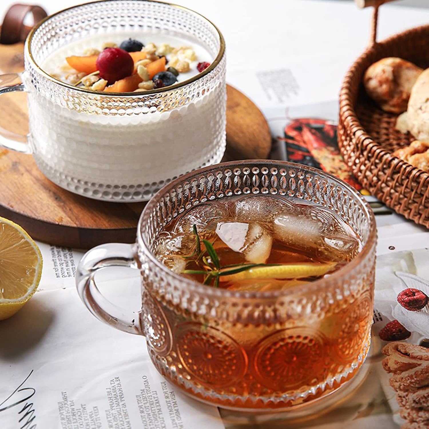 Mfacoy Vintage Coffee Mugs Set of 2, 14 oz Embossed Glass Cups with Handle, Clear Cups for Cappuccino, Latte, Cereal, Yogurt, Milk, Hot or Cold Beverages - Image 5