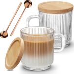 Mfacoy 2 PACK Glass Coffee Mugs with Handle & Spoon, 12 OZ Glass Coffee Cups with Bamboo Lid, Ribbed Glass Cups, Clear Tea Cup for Hot/Cold Beverages, Glassware Set for Americano, Latte, Cappuccino