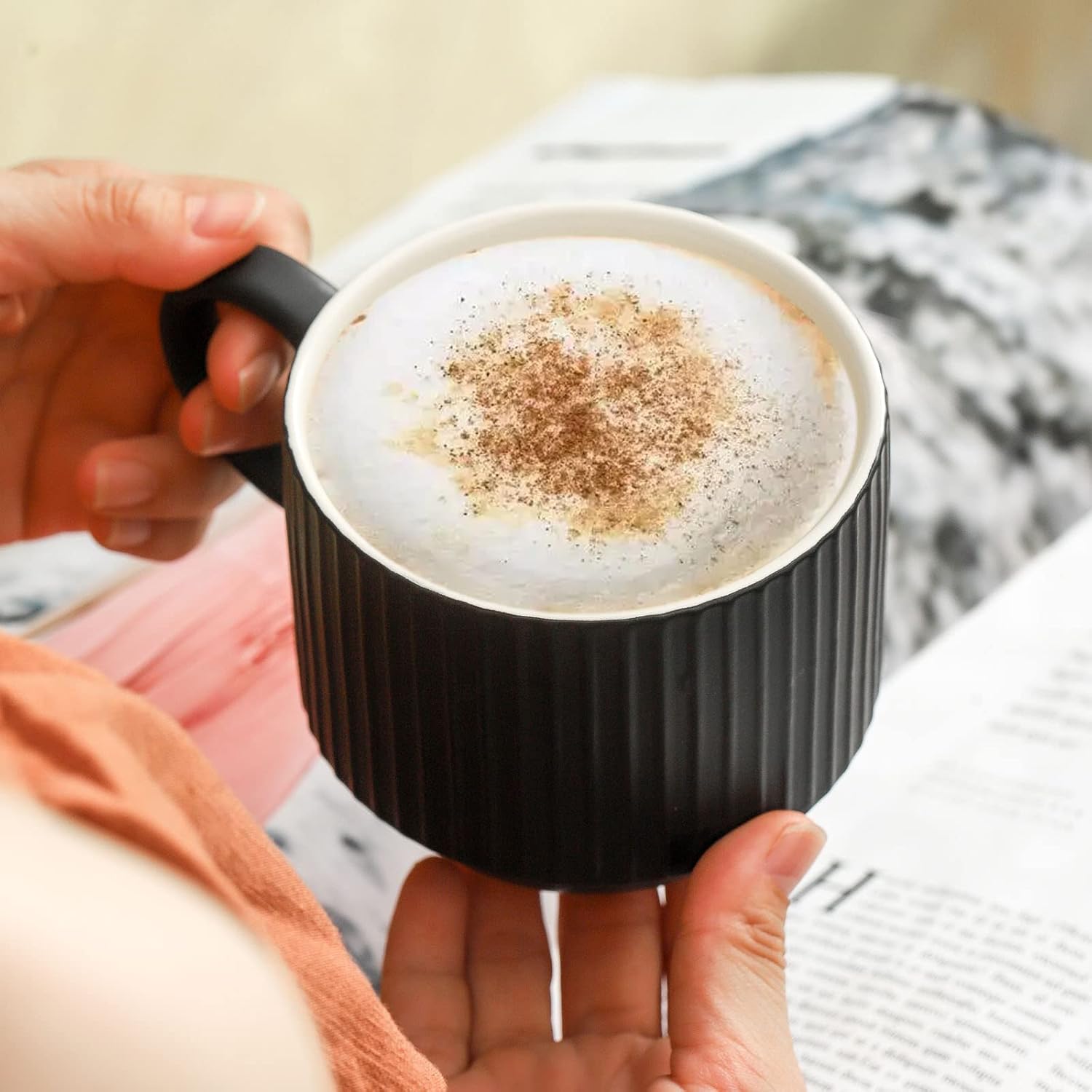 HASENSE Coffee Mug Ceramic Set of 4 with Stand - 15 oz Stackable Large Porcelain Ribbed Latte Cup Set for Cappuccino, Tea, Hot Cocoa, Drinks - Dishwasher & Microwave Safe, Black - Image 7