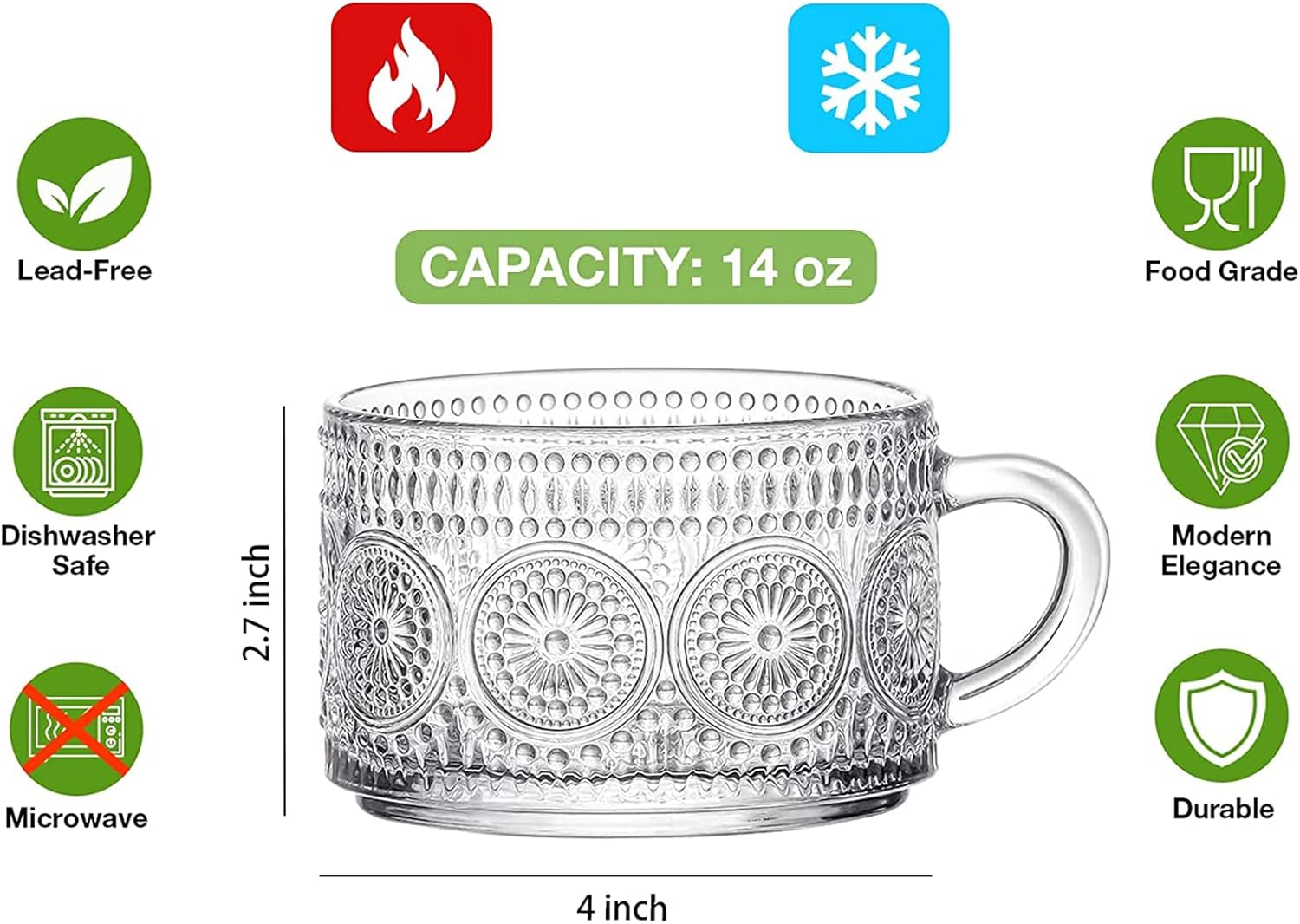 Mfacoy Vintage Coffee Mugs Set of 2, 14 oz Embossed Glass Cups with Handle, Clear Cups for Cappuccino, Latte, Cereal, Yogurt, Milk, Hot or Cold Beverages - Image 2