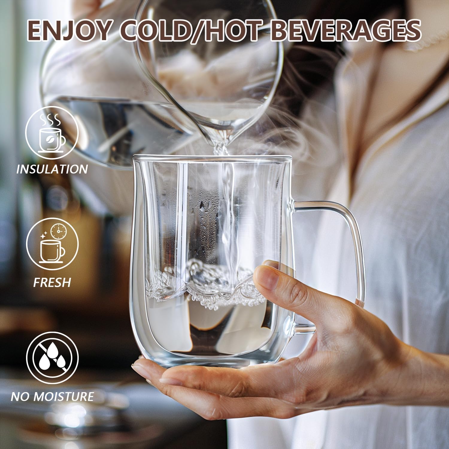 Double Walled Glass Coffee Mugs 16 OZ, Borosilicate Glass Coffee Cups Set of 4 with Spoons, Insulated Clear Coffee Mug for Hot Beverages, Cappuccino, Latte, Tea Bag. - Image 4