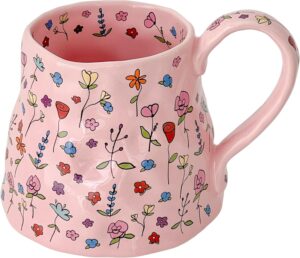 Large Ceramic Coffee Mug Pink Cute Flower with Big Handle, 20oz Girly Floral Tea Cup for Women Mothers Day Gifts, Novelty Irregular Oversized Mugs for Valentines Day Gifts for Her