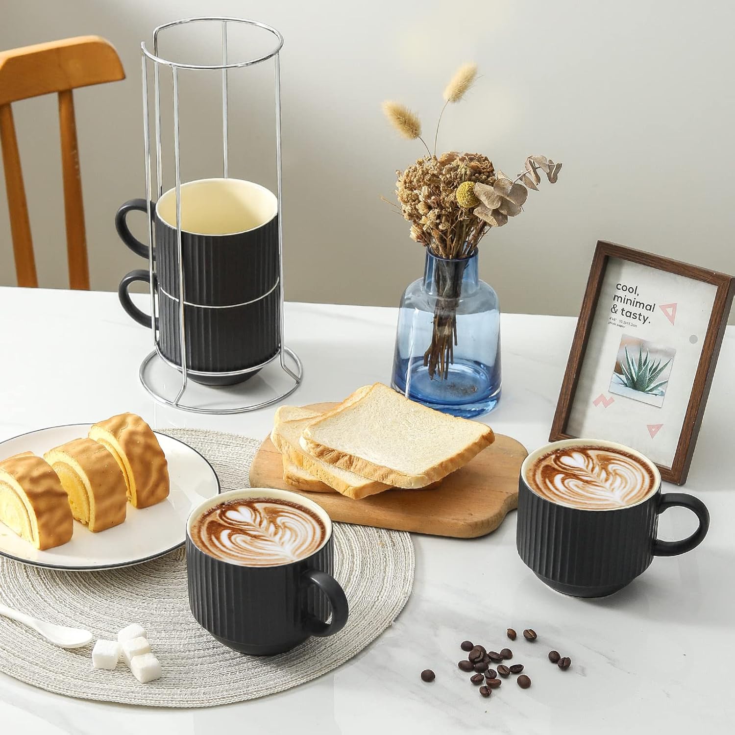 HASENSE Coffee Mug Ceramic Set of 4 with Stand - 15 oz Stackable Large Porcelain Ribbed Latte Cup Set for Cappuccino, Tea, Hot Cocoa, Drinks - Dishwasher & Microwave Safe, Black - Image 5