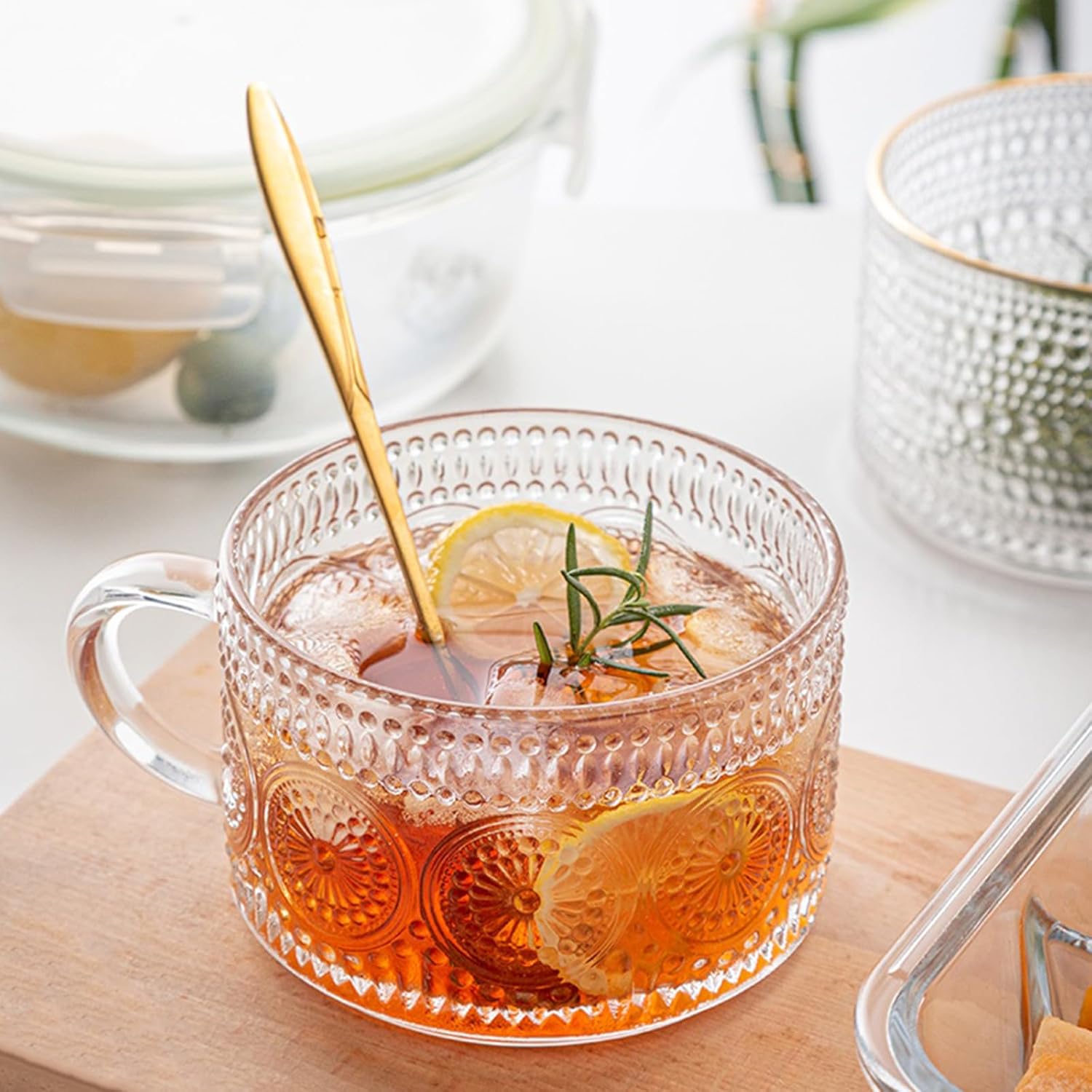 Mfacoy Vintage Coffee Mugs Set of 2, 14 oz Embossed Glass Cups with Handle, Clear Cups for Cappuccino, Latte, Cereal, Yogurt, Milk, Hot or Cold Beverages - Image 3