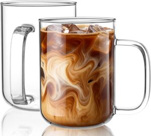 Glass Coffee Mugs, 20 oz Ice coffee cups, Large Clear Tea Cups Set of 2, Glass Mugs with Handles, Glass Cups for Latte, Cappuccino, and Tea