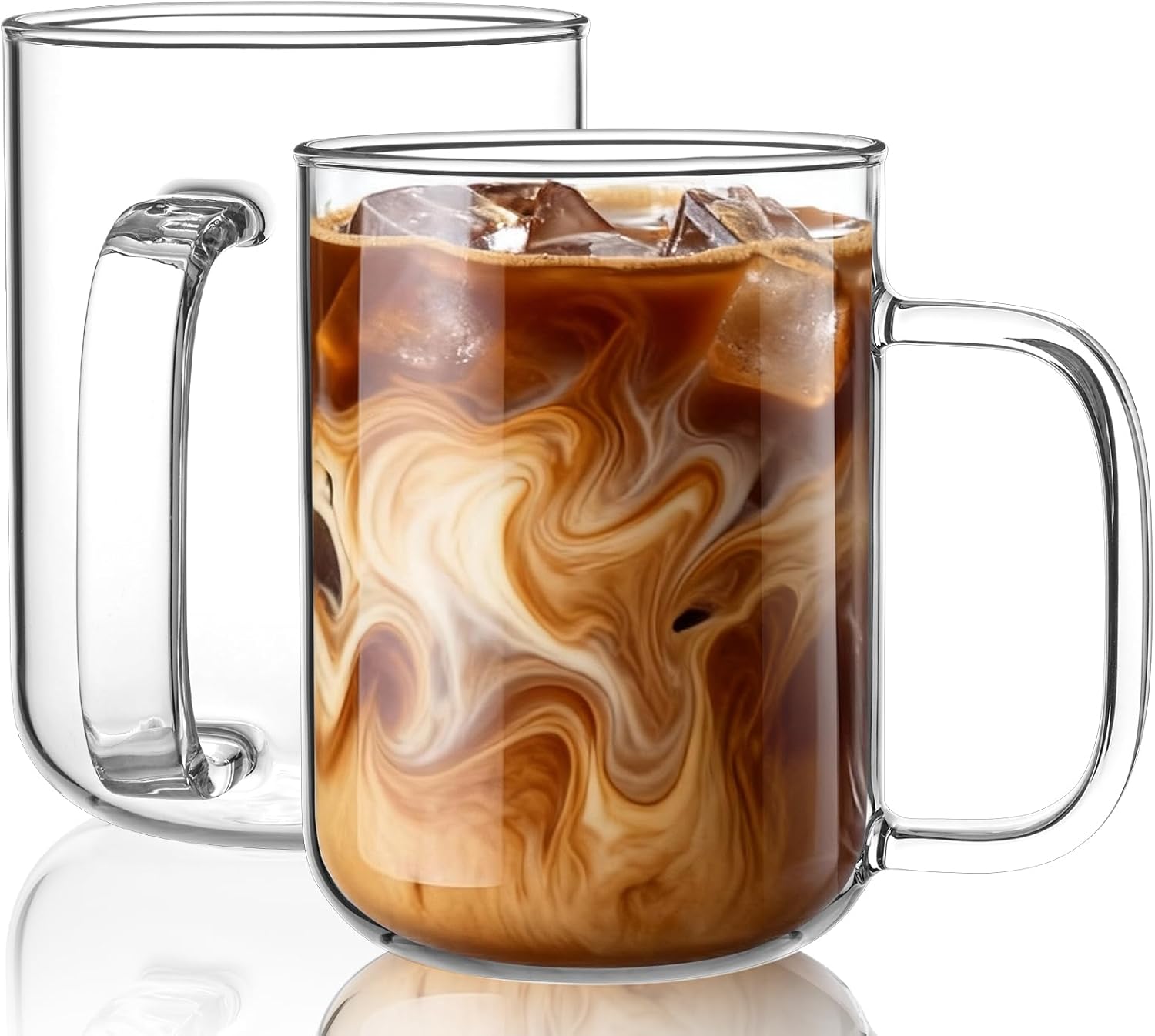 Glass Coffee Mugs, 20 oz Ice coffee cups, Large Clear Tea Cups Set of 2, Glass Mugs with Handles, Glass Cups for Latte, Cappuccino, and Tea