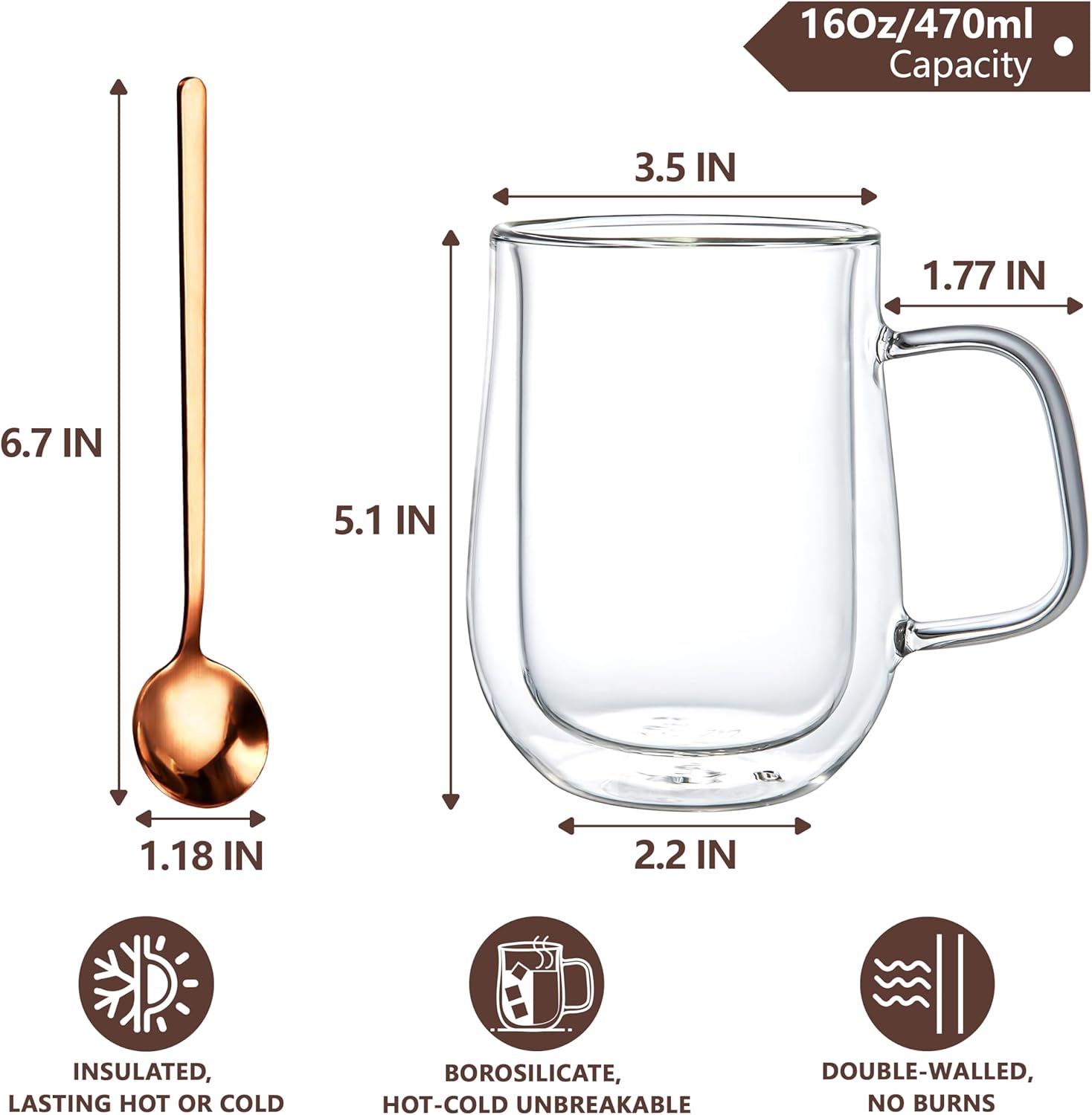 Double Walled Glass Coffee Mugs 16 OZ, Borosilicate Glass Coffee Cups Set of 4 with Spoons, Insulated Clear Coffee Mug for Hot Beverages, Cappuccino, Latte, Tea Bag. - Image 2