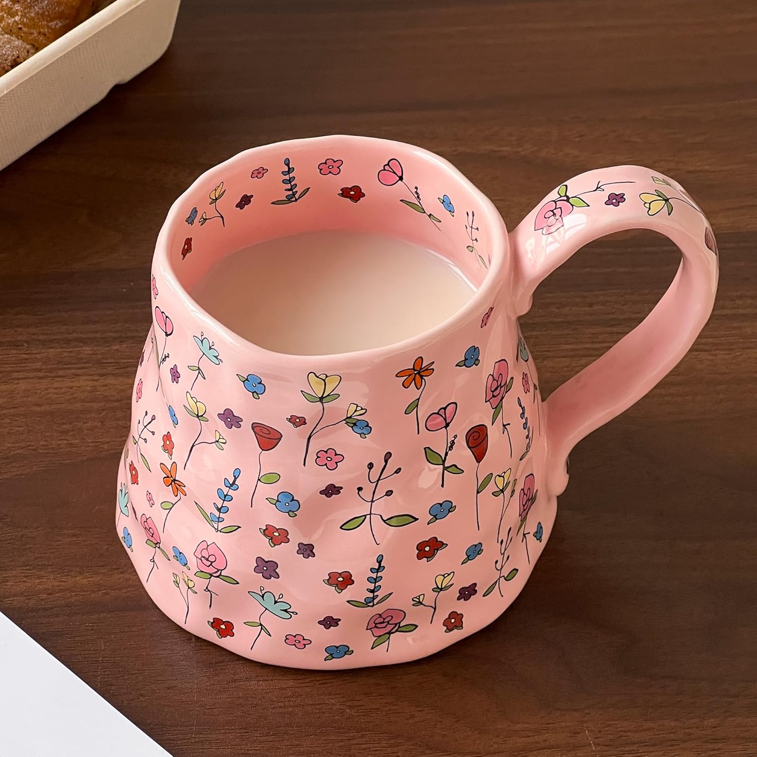Large Ceramic Coffee Mug Pink Cute Flower with Big Handle, 20oz Girly Floral Tea Cup for Women Mothers Day Gifts, Novelty Irregular Oversized Mugs for Valentines Day Gifts for Her - Image 6