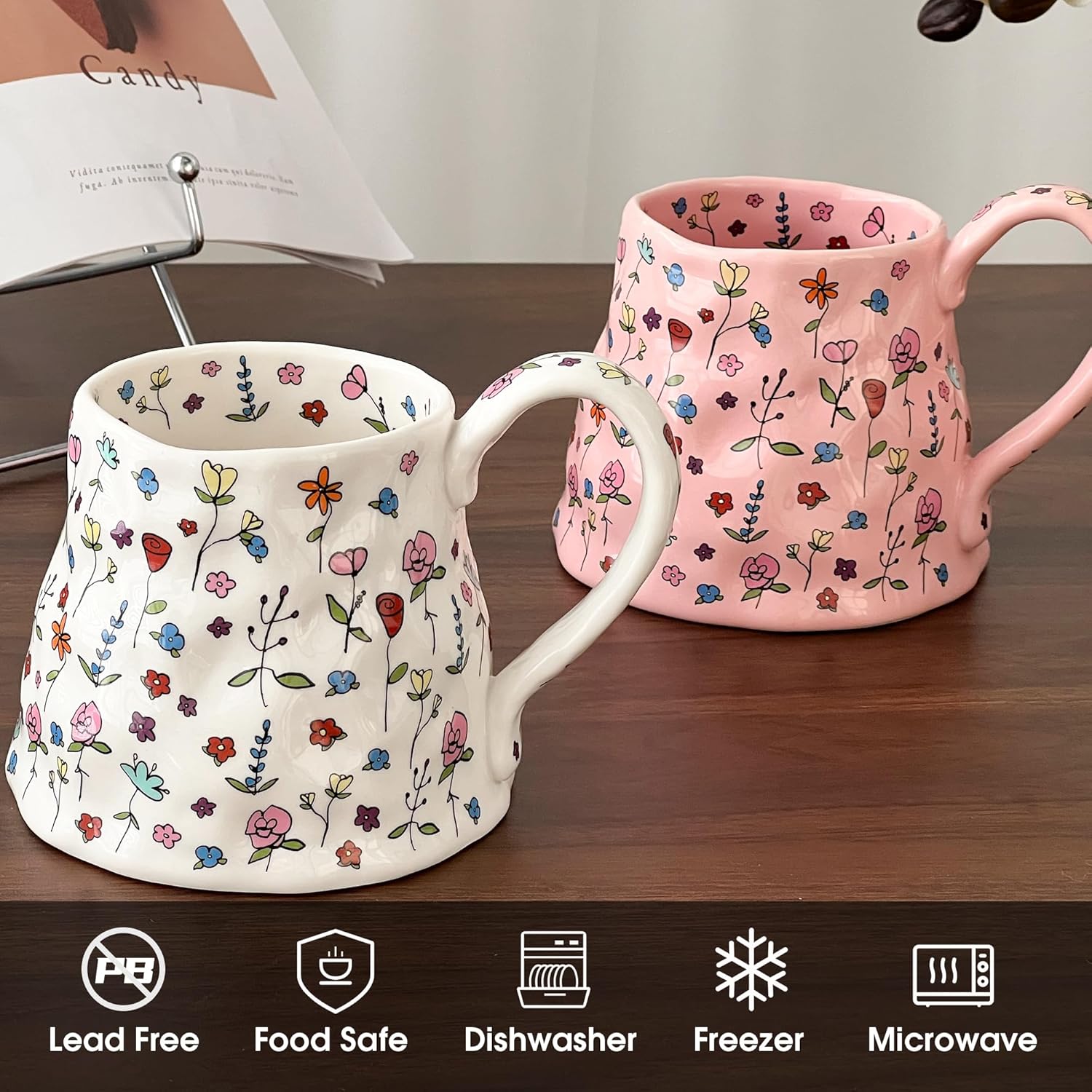 Large Ceramic Coffee Mug Pink Cute Flower with Big Handle, 20oz Girly Floral Tea Cup for Women Mothers Day Gifts, Novelty Irregular Oversized Mugs for Valentines Day Gifts for Her - Image 4