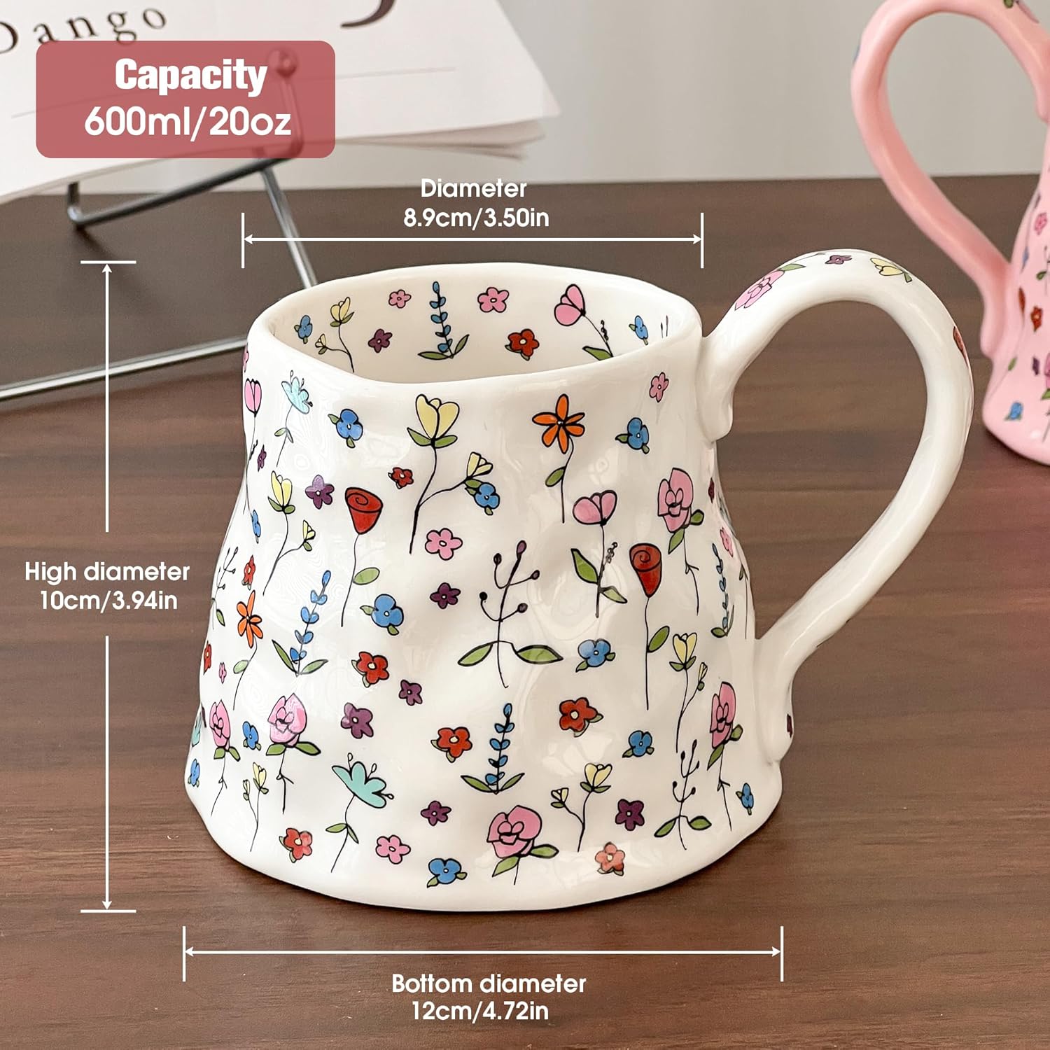 Large Ceramic Coffee Mug Pink Cute Flower with Big Handle, 20oz Girly Floral Tea Cup for Women Mothers Day Gifts, Novelty Irregular Oversized Mugs for Valentines Day Gifts for Her - Image 2