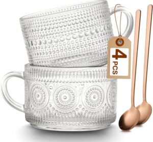 Mfacoy Vintage Coffee Mugs Set of 2, 14 oz Embossed Glass Cups with Handle, Clear Cups for Cappuccino, Latte, Cereal, Yogurt, Milk, Hot or Cold Beverages
