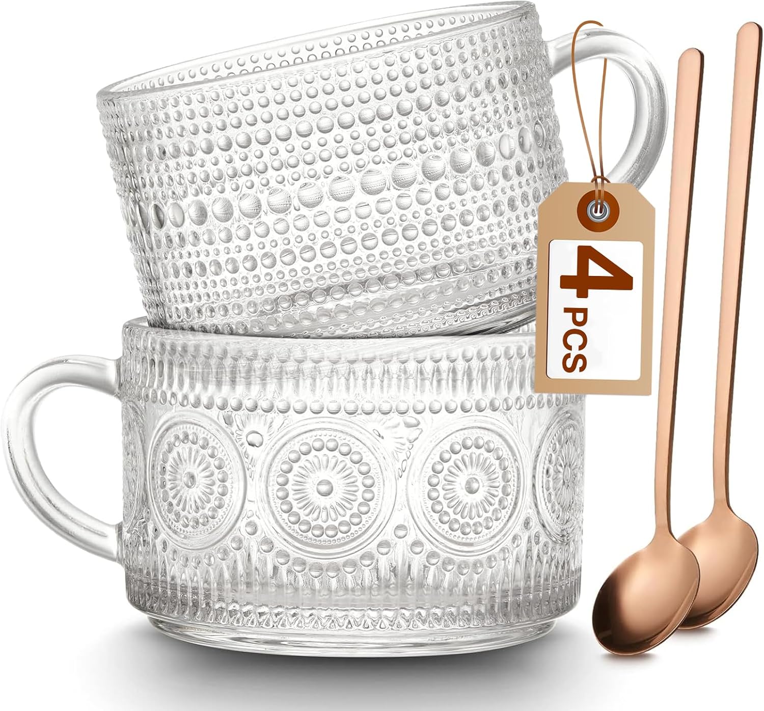 Mfacoy Vintage Coffee Mugs Set of 2, 14 oz Embossed Glass Cups with Handle, Clear Cups for Cappuccino, Latte, Cereal, Yogurt, Milk, Hot or Cold Beverages