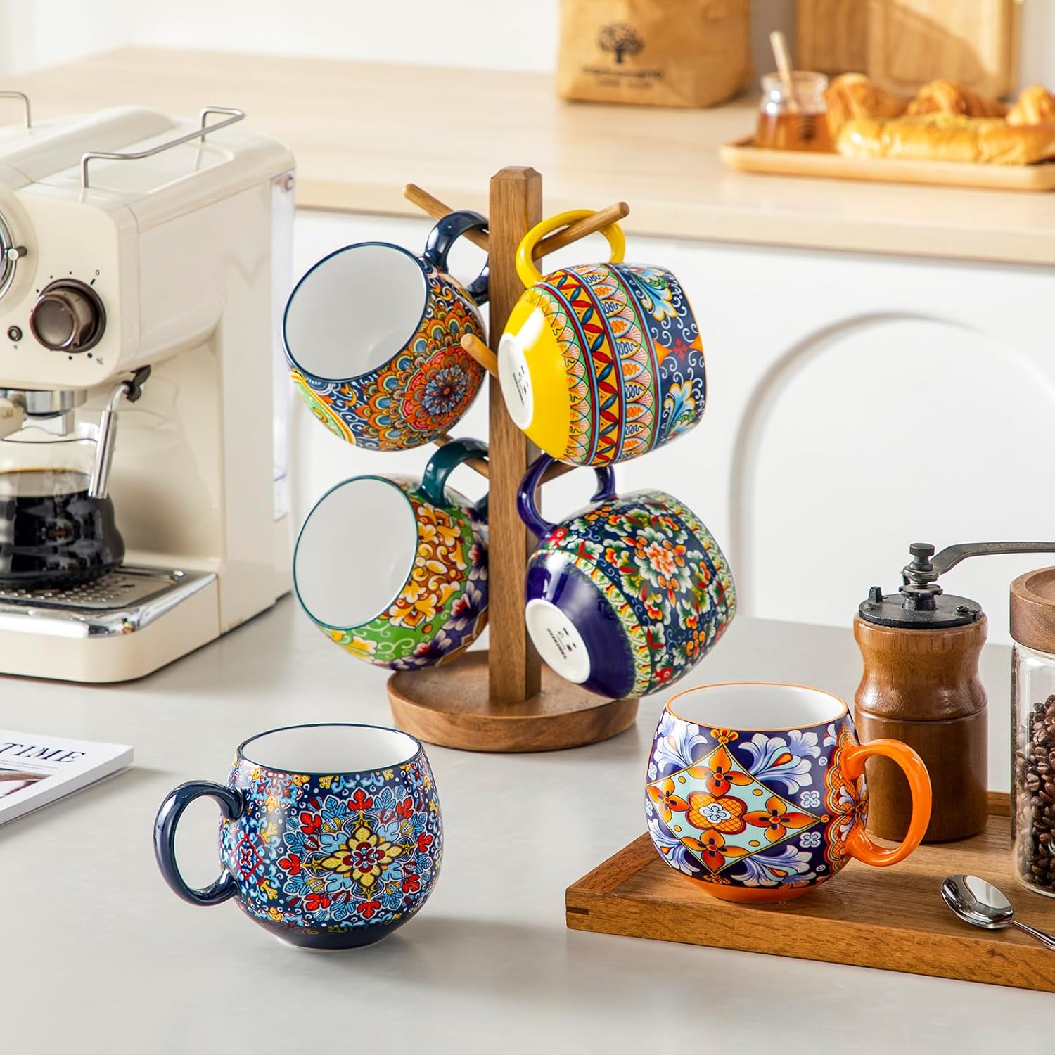 vancasso Coffee Mugs Set of 6, Coffee Cups Ceramic 16oz, Porcelain Coffee Mugs for Cappuccino, Latte, Espresso, Colorful Coffee Mugs with Handle, Rounded Boho Mugs, Microwave & Dishwasher Safe - Image 9