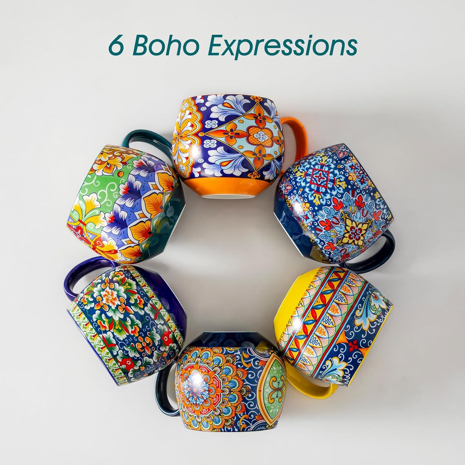 vancasso Coffee Mugs Set of 6, Coffee Cups Ceramic 16oz, Porcelain Coffee Mugs for Cappuccino, Latte, Espresso, Colorful Coffee Mugs with Handle, Rounded Boho Mugs, Microwave & Dishwasher Safe - Image 7