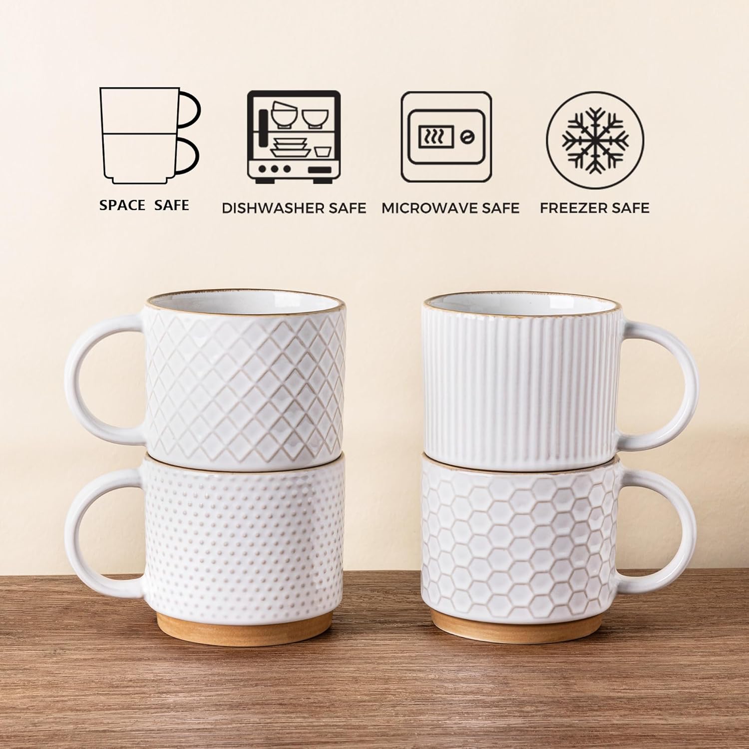 GBHOME 12OZ Stackable Coffee Mugs, Ceramic Coffee Mugs with Texture Patterns for Man,Woman,Dad,Mom, Modern Coffee Mugs Set of 4 for Latte/Cappuccino/Cocoa. Dishwasher&Microwave Safe, Off White - Image 7